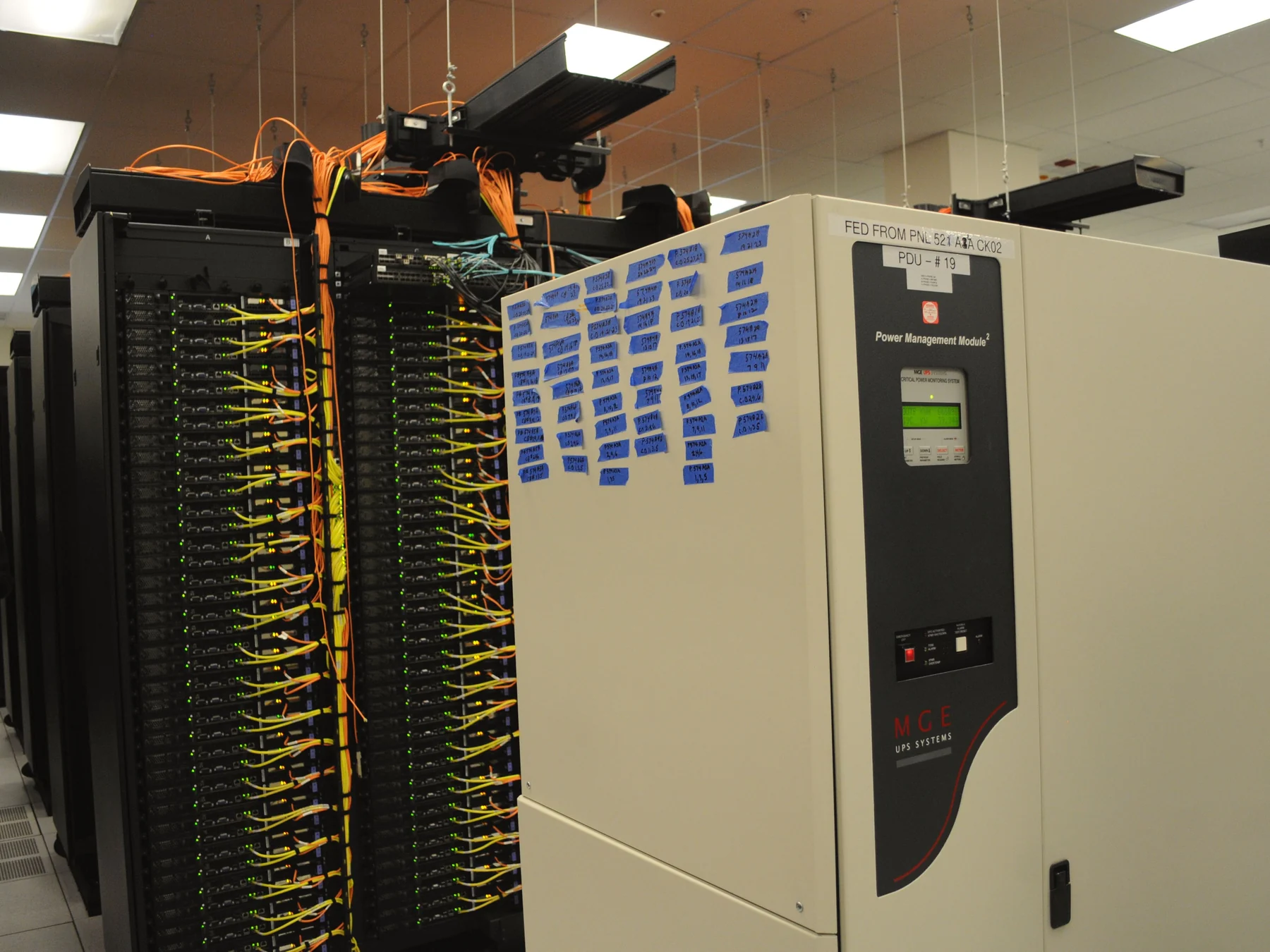 Structured network cabling and power equipment in a data center